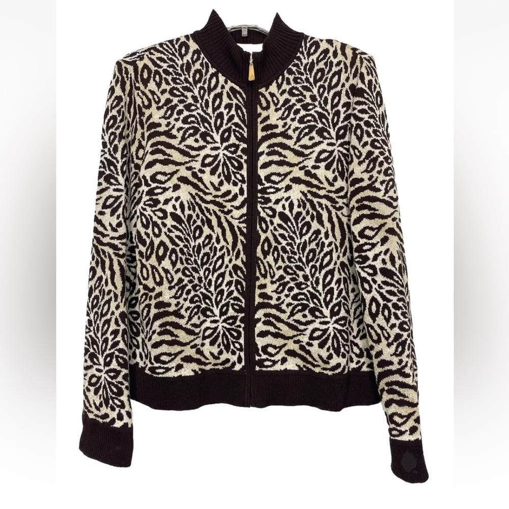 St. John Sport Sweater M Animal Print Cardigan Brown Gold Metallic Full Zip